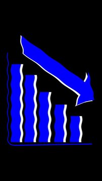 Un primer plano de un Icono gr&aacute;fico de barras con una flecha descendente de color azul con un  movimiento de onda