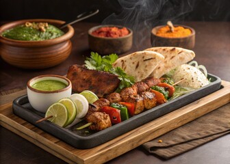 Mixed BBQ Platter with Chicken Tikka, Seekh Kabab, and Naan
