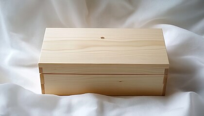 Light wooden box with lid hole on white fabric background showing natural grain.