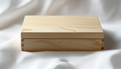 Light wooden box with lid hole on white fabric background showing natural grain.