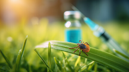 tick on grass close-up with vaccine vial and syringe – ideal for articles about Lyme disease, tick-borne infections, vaccination campaigns, or public health awareness, deer tick
