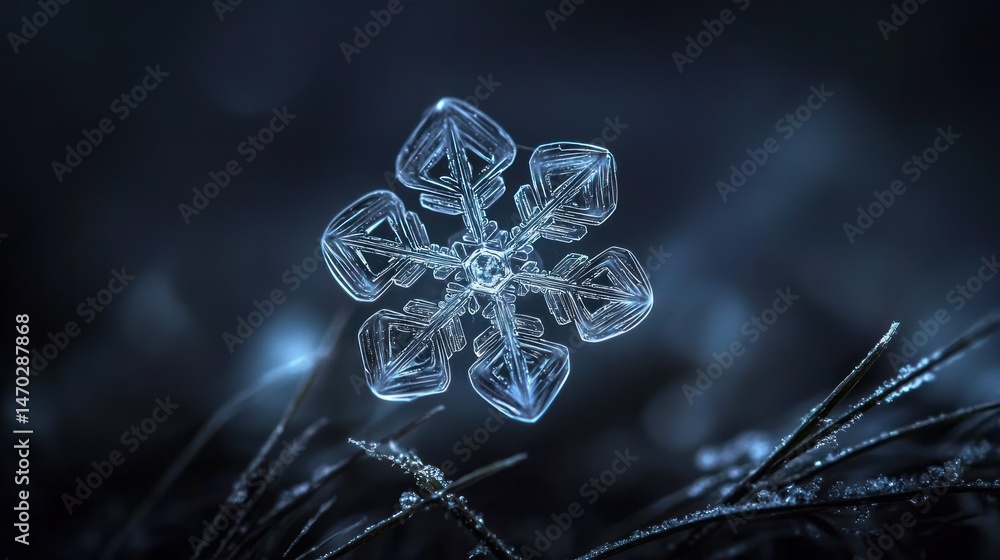 Poster an exquisite macro photograph captures a detailed snowflake crystal