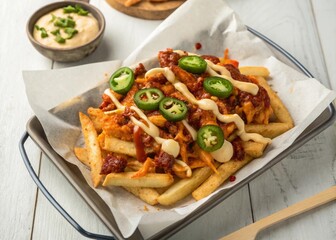 Loaded Fries Topped with Cheese, Jalapeños, and Sauces