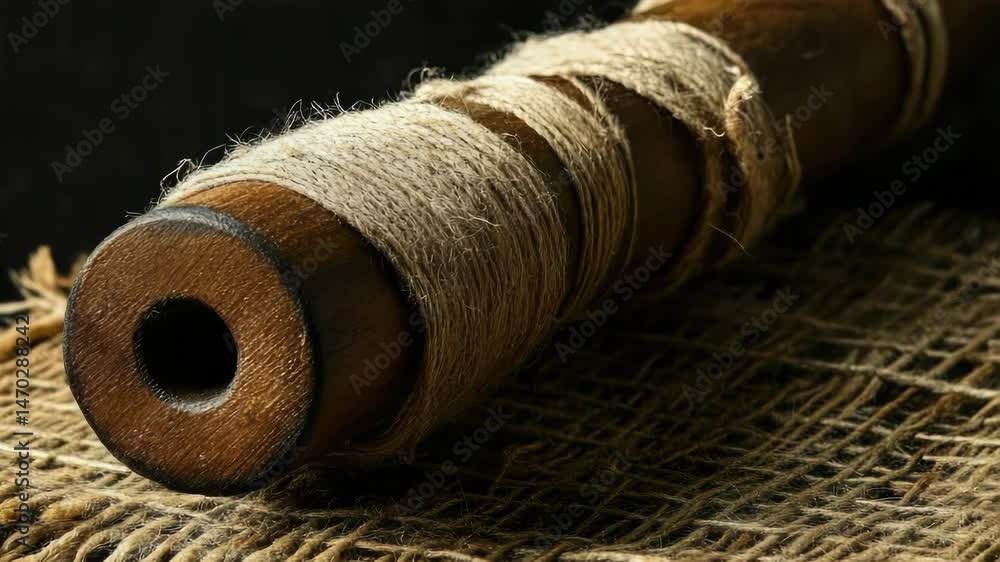 Poster a roll of twine sitting on top of a table, ready for use