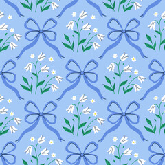 Seamless pattern with flowers and blue bows. Vector graphics.