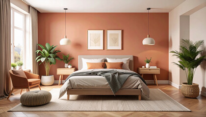 Modern bedroom with warm terracotta wall and natural wood furniture features cozy bedding and green plants creating calm and inviting atmosphere filled with soft natural light