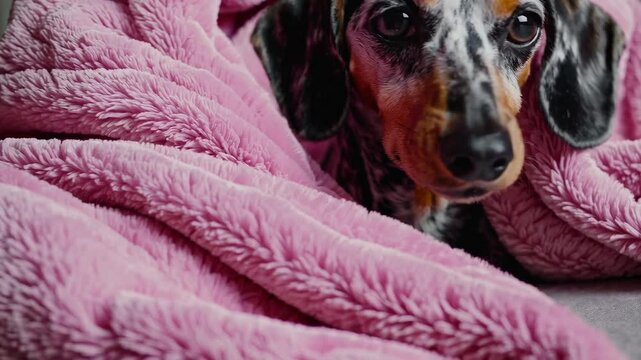 Adorable dachshund playfully snuggling in pink blanket with curious expressions