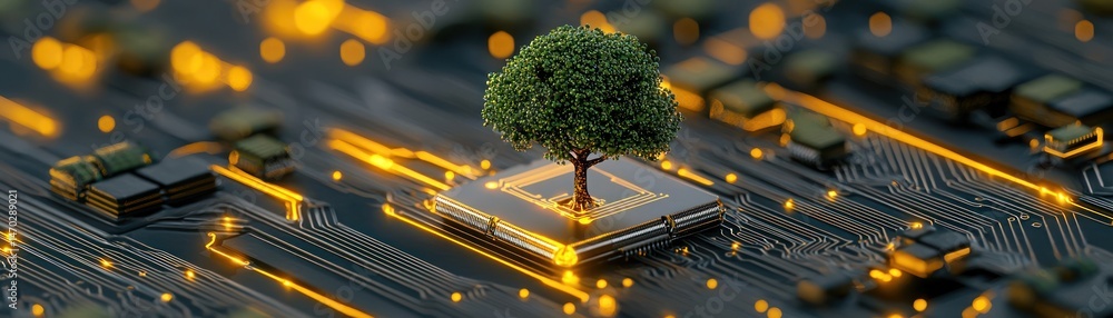 Poster a small tree growing on a computer motherboard circuit board