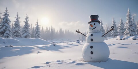 Obraz premium Frosty snowman in expansive snowscape, winter gear scattered , empty, skis, ice