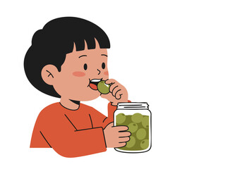 A cheerful young boy enjoys olives in a jar. Vibrant colors and a simple, modern illustration style. Perfect for food, kids, or lifestyle themes.