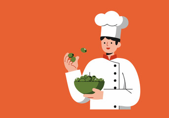 A cheerful chef presents olives in a bowl, celebrating National Olive Day. Modern illustration style with a vibrant orange background. Perfect for food marketing and culinary themes.