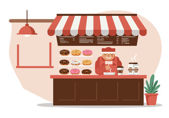 A cheerful baker serves delicious donuts at a vintage shop. Bright colors and a welcoming atmosphere celebrate National Donut Day. Perfect for food, bakery, or holiday illustrations.