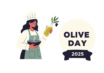 A cheerful female chef holds a bottle of olive oil, preparing a dish. Olive Day 2025 illustration with a modern, flat design. Perfect for food marketing and lifestyle content.