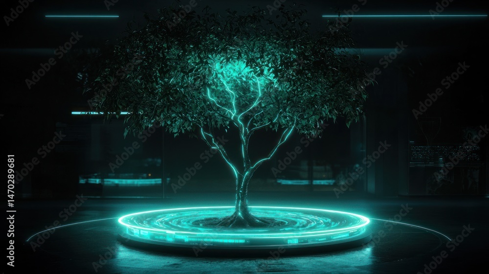 Poster illuminated tree surrounded by glowing technological lines in darkness