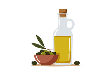 A cheerful olive oil bottle with a smiling face, surrounded by olives and a bowl.  Illustrative design, perfect for food marketing and lifestyle content. Bright, friendly, and appealing.
