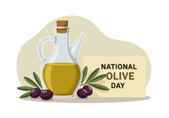 Cute cartoon olive oil bottle with leaves celebrates National Olive Day. Bright, cheerful illustration with a playful design. Perfect for food, lifestyle, and promotional content.