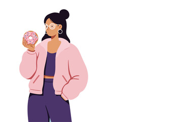 A stylish young woman enjoys a donut on Donut Day 2025. She?s holding a pink donut with sprinkles, wearing a pink jacket and glasses. A cheerful, modern illustration.