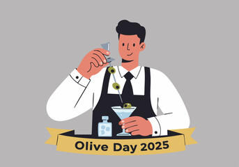 A stylish bartender expertly mixes a martini with an olive, celebrating Olive Day 2025. Modern illustration with a festive banner.