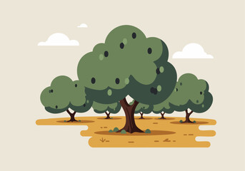 stylized illustration celebrates National Olive Day with a lush olive grove scene The composition is clean and modern featuring a large tree and scattered olives 