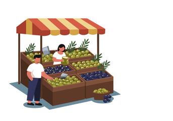 A vibrant olive stall displays fresh olives under a striped awning. Two vendors assist customers, promoting Olive Day 2025. Modern illustration style.