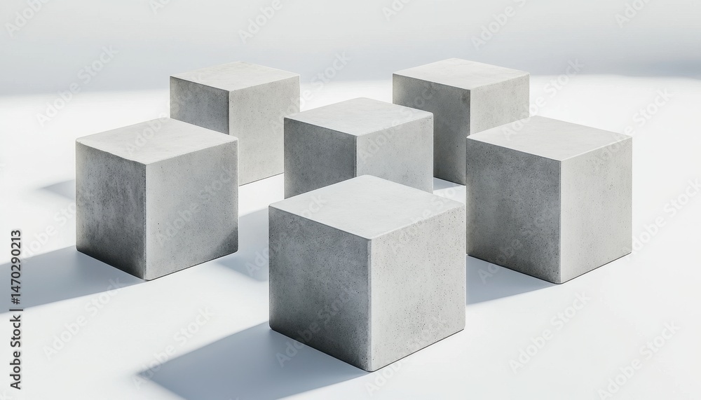 Poster six evenly spaced concrete blocks arranged on a white surface illuminated by soft lighting casting s