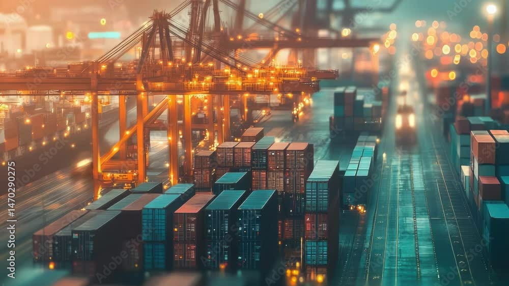 Poster port with many containers and ships