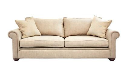 Fototapeta premium Cream-colored sofa with rolled arms and three back cushions. Comfortable and elegant seating
