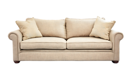 Cream-colored sofa with rolled arms and three back cushions.  Comfortable and elegant seating