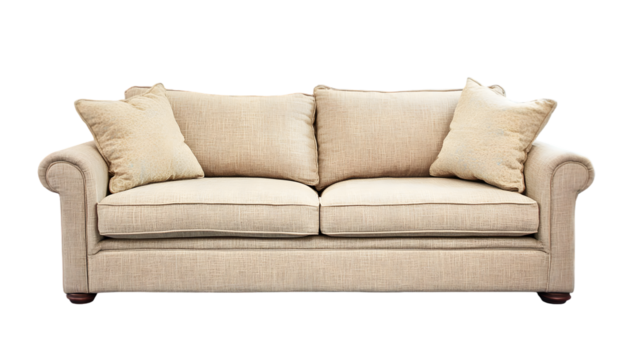 Cream-colored sofa with rolled arms and three back cushions.  Comfortable and elegant seating