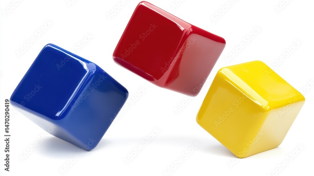 Poster three vibrant colored blocks in mid-air against a clean white background creating a dynamic composit