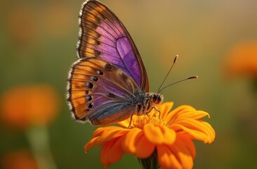 Fototapeta premium Purple emperor butterfly with bold markings on orange marigold in open meadow. Generative AI