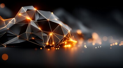 An abstract geometric object of polyhedral surfaces with glowing lines.