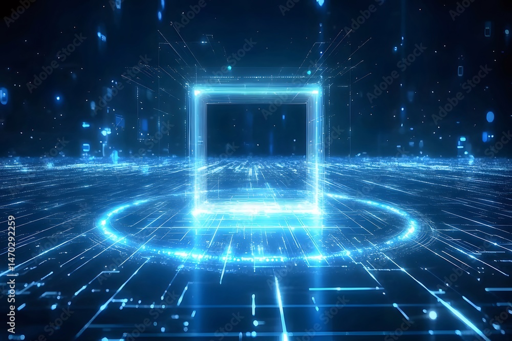 Poster 青いデジタル空間における抽象的な立方体未来的な技術革新とネットワーク接続
