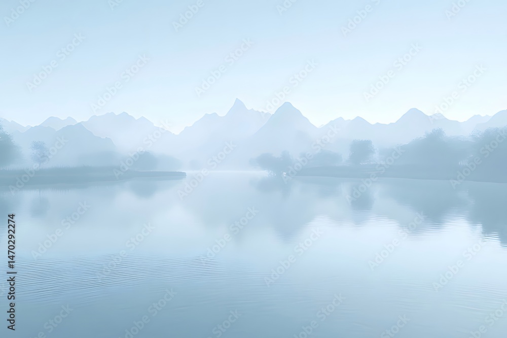 Poster 霧がかった山々と湖面に鳥が群れる日本の静かな風景