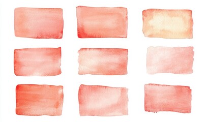 Set of nine soft watercolor rectangular shapes in shades of coral and peach