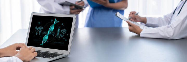 Medical science technology and futuristic healthcare virtual computer software analyze human health...