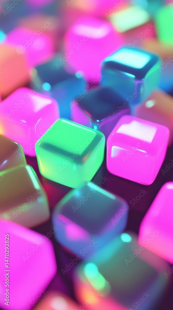 Poster vibrant neon-colored translucent cubes scattered across the frame creating a playful composition wit
