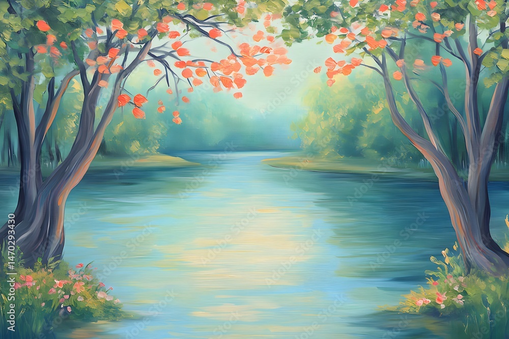 Poster 緑豊かな木々が茂る穏やかな川 水彩風景 平和な自然の風景とソフトな色合いの牧歌的な風景 美しい水面反射