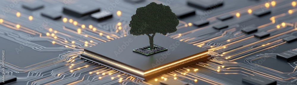 Poster A digital circuit board featuring a small tree on a processor
