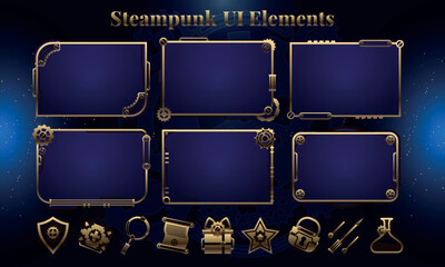 Fototapeta na wymiar Set of Steampunk Fantasy Elements and Icons for user interface, poster, video. Fantasy mechanic HUD. Template for rpg game interface. Vector Illustration EPS10