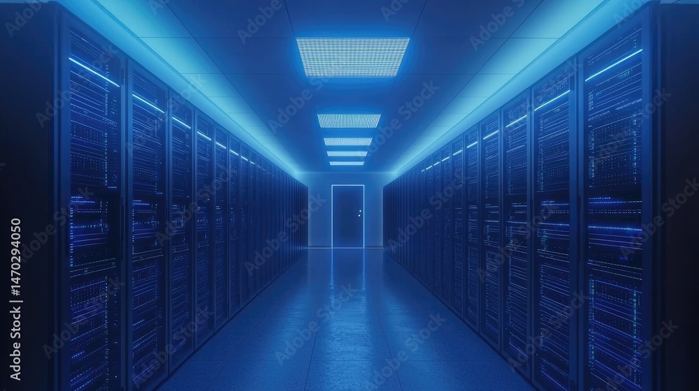 Poster Illuminated server corridor featuring futuristic blue lighting, advanced network hardware and server racks designed for data center, cloud computing, and secure information storage