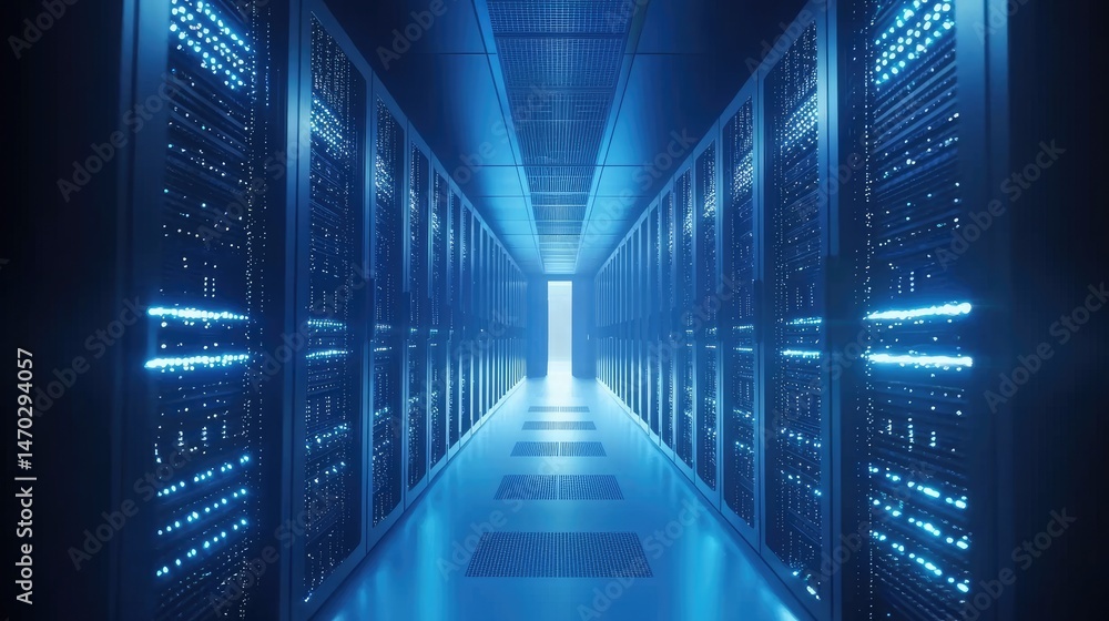 Poster high-tech server room with glowing blue lights, long symmetrical corridor filled with modern server 