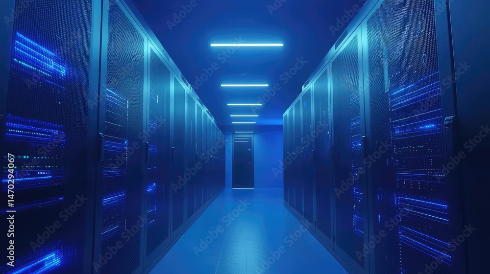 Poster sleek dark corridor in a server facility with glowing blue light strips illuminating symmetric serve