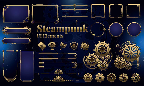 Set of Steampunk Fantasy Elements for user interface, poster, video. Fantasy mechanic HUD. Template for rpg game interface. Vector Illustration EPS10