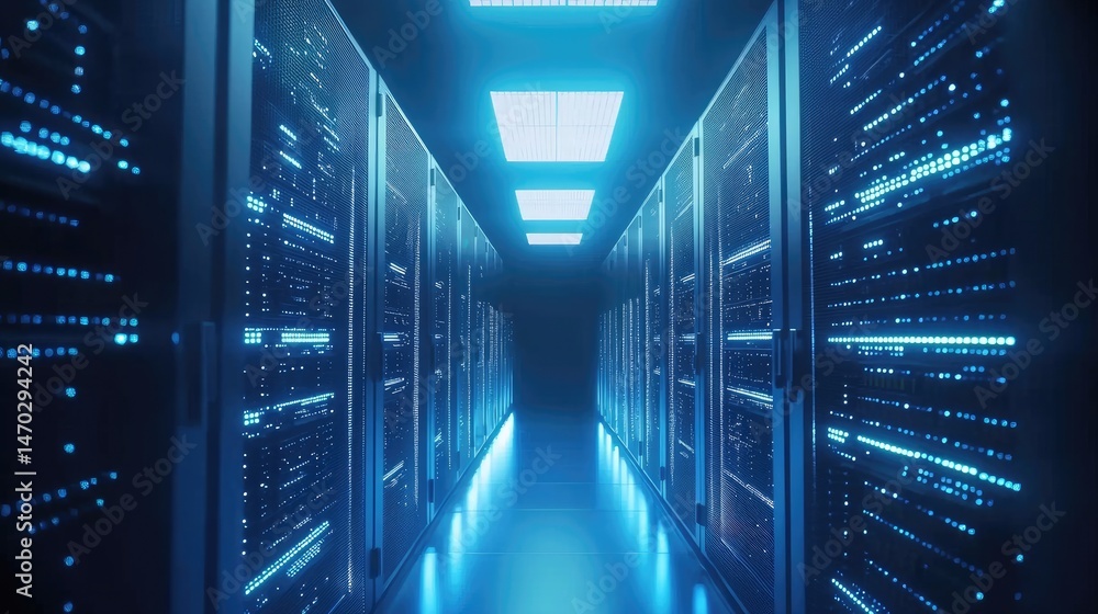 Poster Futuristic server room corridor illuminated by vibrant blue lighting, showcasing sleek rows of data server racks used in modern cloud computing and network infrastructure