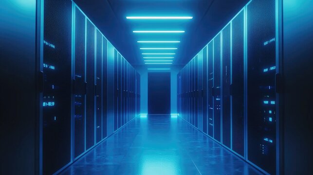 Blue-lit data center corridor with black cabinets and glowing network lights, illustrating secure server environment for modern cloud computing and data management systems