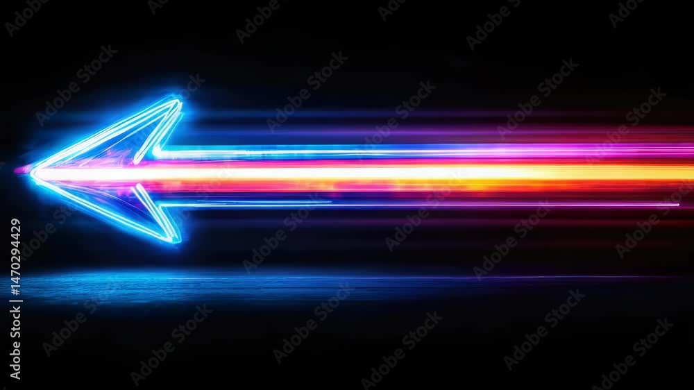 Poster a bright neon arrow pointing to the right on a black background, suitable for use in illustrations a