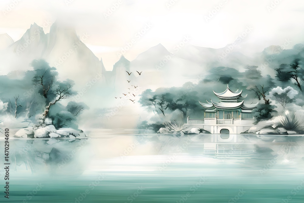 Aufkleber 水彩で描かれた静かな湖畔の風景 山々と伝統的な建物が霧の中に浮かぶアジアの風景