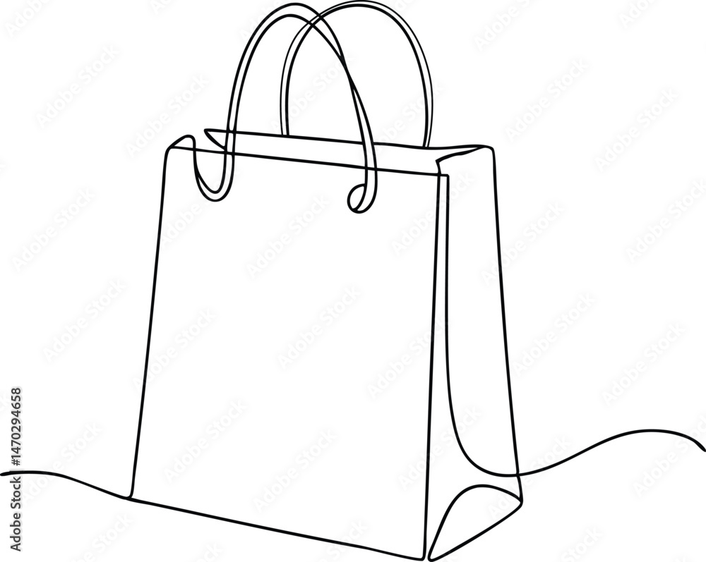 Poster continuous one line drawing of a shopping bag in minimalist linear style, simple black sketch of pap