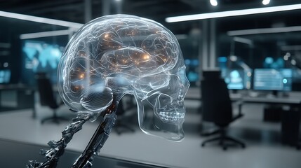 Obraz premium An anatomical representation of an exterior skull and spinal column and interior brain.
